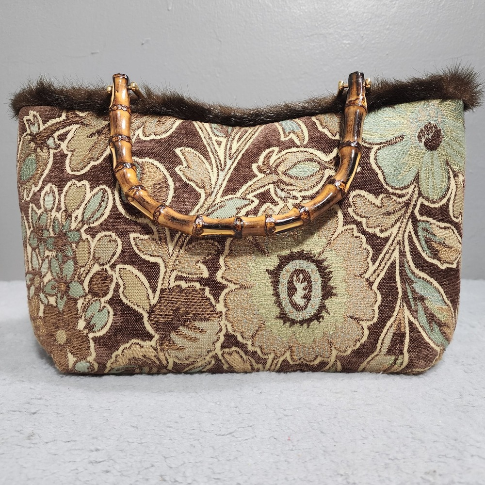 Tapestry Floral Purse Bamboo Handle Brown‎ Faux Fur Louise  N.Y. Inc Bag NWT